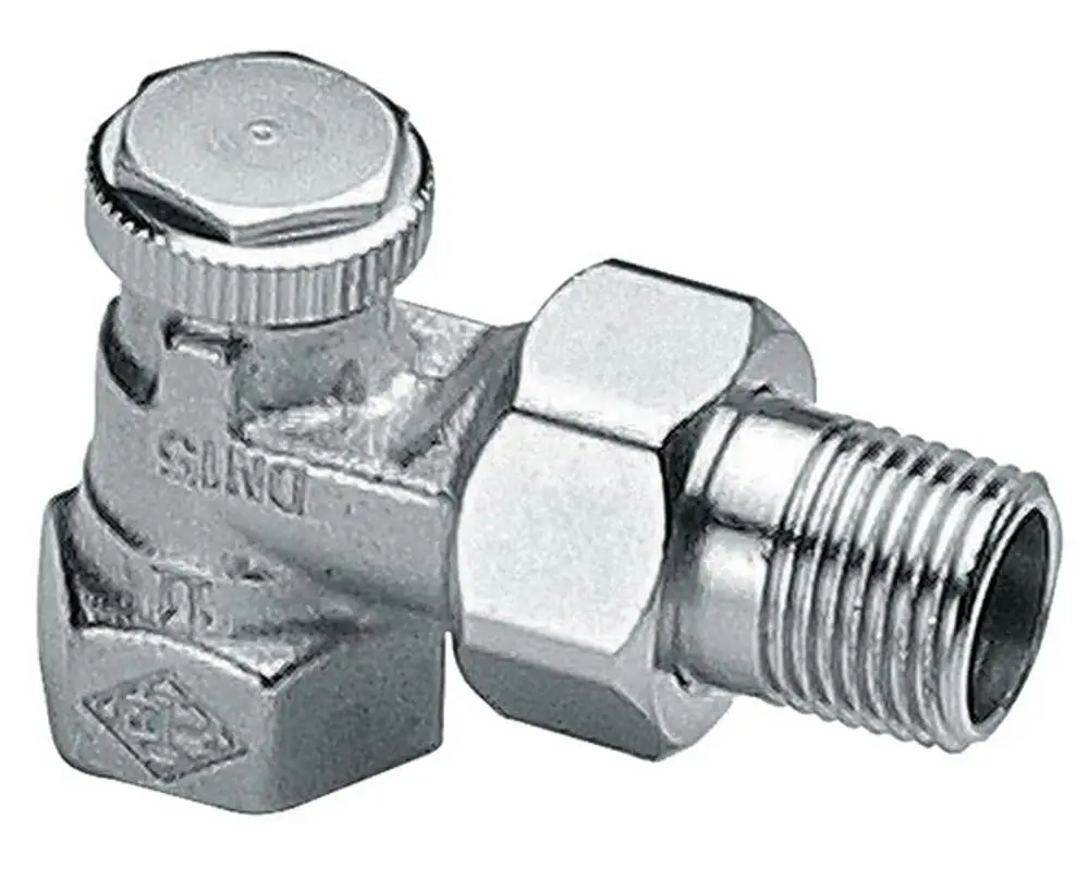 Verschraubung in Eckform aus vernickeltem Rotguss, typischerweise für Heizungsanwendungen. Produkt von IMI Hydronic Engineering, mit einem Anschlussgewinde.